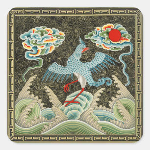 Chinoiserie Gouden Kraanvogel & Zee Golfpatroon Vierkante Sticker