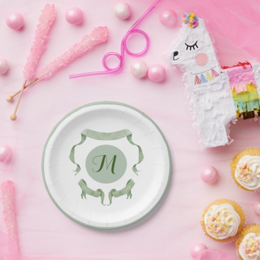 Chinoiserie Green Ribbons Logo Crest Papieren Bordje (Feest)