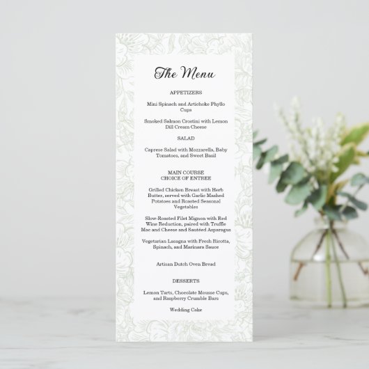 Chinoiserie Green Sage Peony Wedding Menu (Staand voorkant)