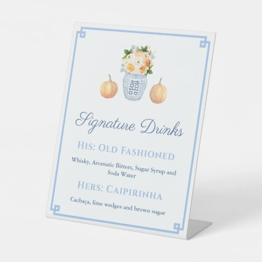 Chinoiserie Herfst Bloemen Pompoenen Signature Dri Reclamebord Met Voetstuk (Voorkant)