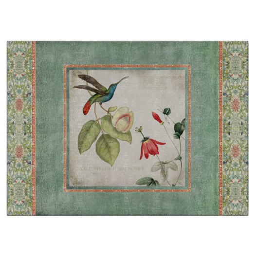 Chinoiserie  Hummingbird's in Flowers Coral Snijplank (Voorkant)