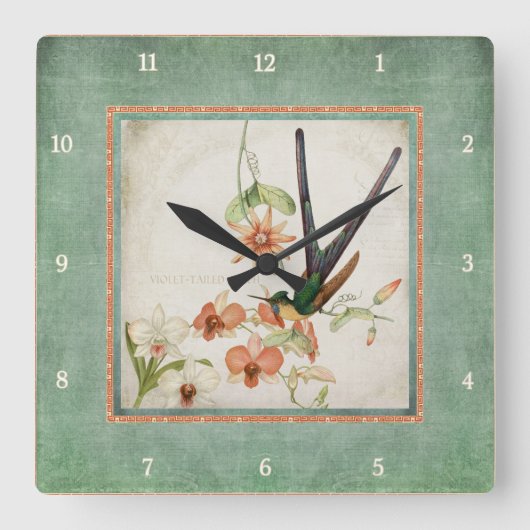 Chinoiserie  Hummingbird's in Flowers Coral Vierkante Klok (Voorkant)