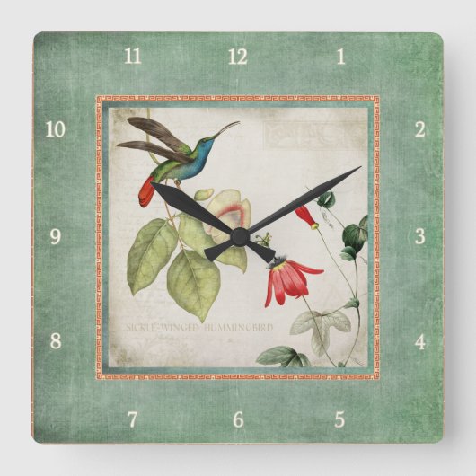 Chinoiserie  Hummingbird's in Flowers Coral Vierkante Klok (Voorkant)