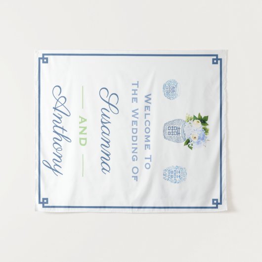 Chinoiserie Huwelijks Welkom Virtuele Achtergrond  Wandkleed (Voorkant (horizontaal))