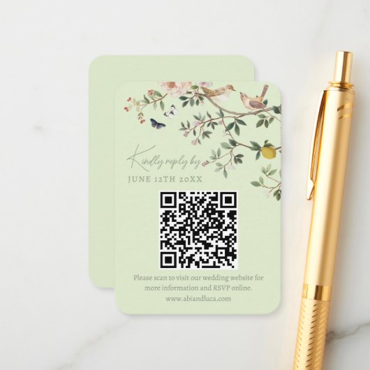 Chinoiserie Huwelijkswebsite RSVP QR Code Informatiekaartje (Voorkant / Achterkant in situ)