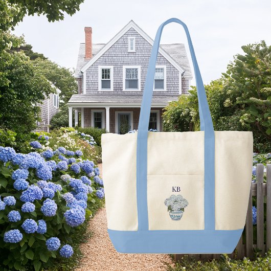 Chinoiserie Hydrangea Monogram Contrast Trim Boodt Tote Bag