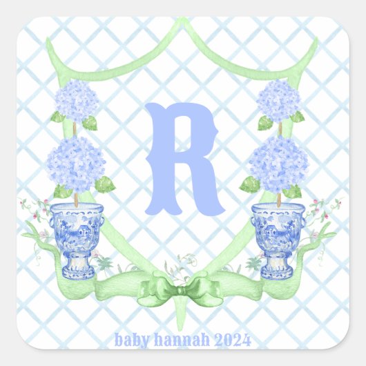 Chinoiserie Hydrangea Monogram Vierkante Sticker (Voorkant)