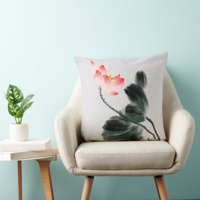 Chinoiserie  inktwas die Lotus Floral schildert Kussen (Stoel)