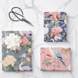 Chinoiserie Jade Pink & Navy Floral Egret Inpakpapier Vel