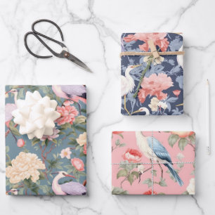 Chinoiserie Jade Pink & Navy Floral Egret Inpakpapier Vel