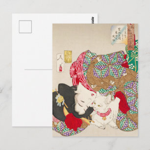 Chinoiserie Japanse Dame & Kat Kimono Kunst Briefkaart