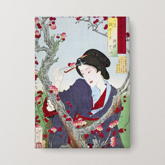 Chinoiserie Japanse Dame & Rode Kersenbloesem Button (Voorkant)