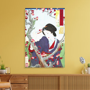 Chinoiserie Japanse Dame & Rode Kersenbloesem Canvas Afdruk
