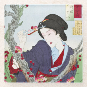 Chinoiserie Japanse Dame & Rode Kersenbloesem Glazen Onderzetter
