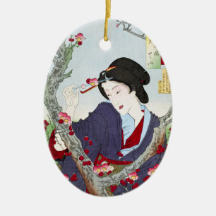 Chinoiserie Japanse Dame & Rode Kersenbloesem Keramisch Ornament