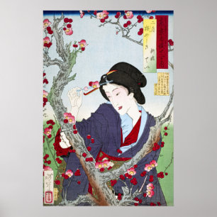 Chinoiserie Japanse Dame & Rode Kersenbloesem Poster
