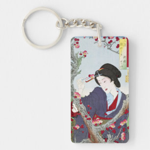 Chinoiserie Japanse Dame & Rode Kersenbloesem Sleutelhanger
