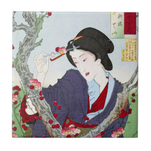 Chinoiserie Japanse Dame & Rode Kersenbloesem Tegeltje
