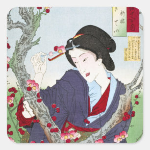 Chinoiserie Japanse Dame & Rode Kersenbloesem Vierkante Sticker