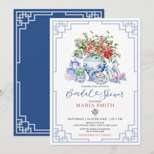 Chinoiserie Jar Red Floral Christmas Vrijgezellenf Kaart (Voorkant / Achterkant)