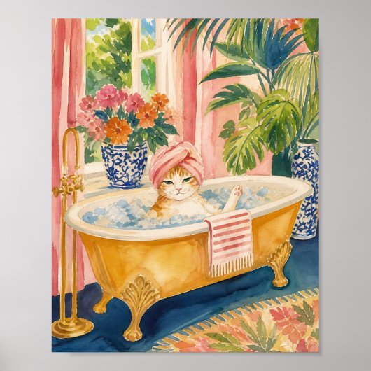 Chinoiserie Kat Maximalistische Bad Tijd Poster (Voorkant)