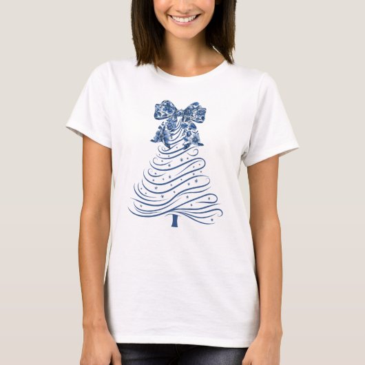 Chinoiserie Kerstboom Blauwe Strik Kerstmis T-shirt (Voorkant)