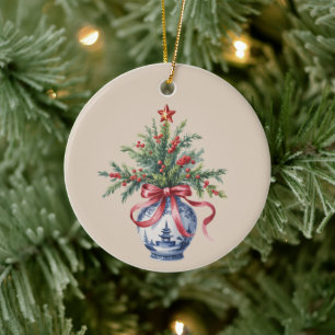 Chinoiserie Kerstboom Rood Lint Vaas Vintage Keramisch Ornament