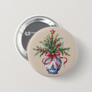 Chinoiserie Kerstboom Rood lint Vaas Vintage Ronde Button 5,7 Cm