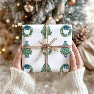 Chinoiserie Kerstmis Blauw en Wit Cadeaupapier