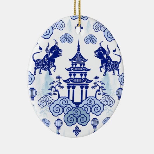 Chinoiserie-kerstsierBull en Pagoda Keramisch Ornament (Rechts)