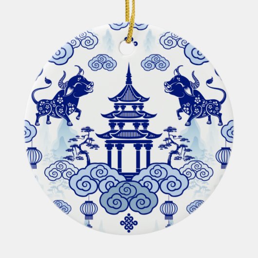 Chinoiserie-kerstsierBull en Pagoda Keramisch Ornament (Voorkant)