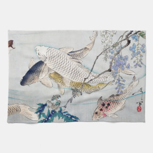 Chinoiserie Koi Vissen & Paarse Wisteria Print Theedoek