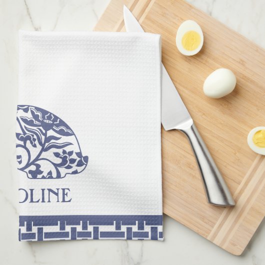 Chinoiserie konijntje gepersonaliseerd theedoek (Quarter Fold)