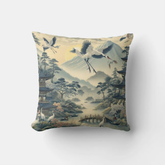 Chinoiserie kraan vogel pagode landschap patroon kussen