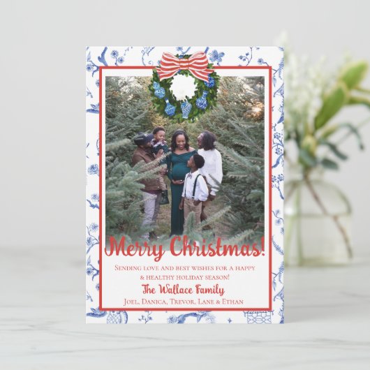 Chinoiserie Krans, Blauw & Wit Grandmillenial Feestdagenkaart (Staand voorkant)