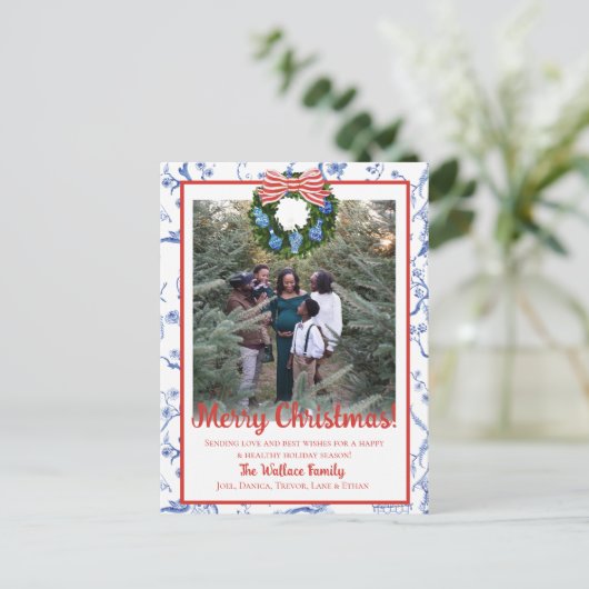 Chinoiserie Krans, Blauw & Wit Grandmillenial Feestdagenkaart (Staand voorkant)