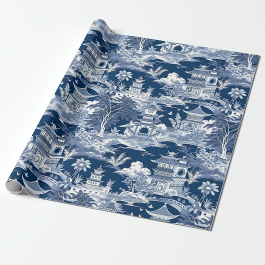 Chinoiserie Landschap Schilderij Blauw Wit Cadeaupapier (Uitgerold)
