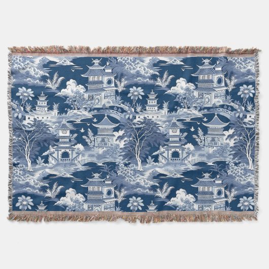 Chinoiserie Landschap Schilderij Blauw Wit Deken (Voorkant)