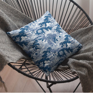 Chinoiserie Landschap Schilderij Blauw Wit Kussen