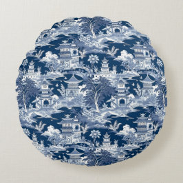 Chinoiserie Landschap Schilderij Blauw Wit Rond Kussen