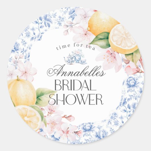 Chinoiserie Lemon Tea Bruids Douche Uitnodiging Ronde Sticker (Voorkant)