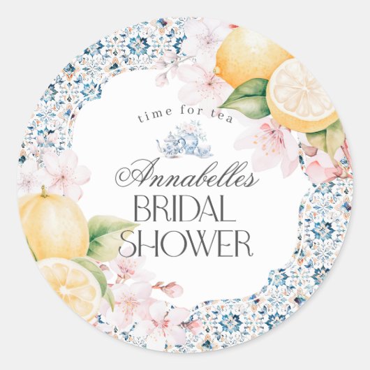 Chinoiserie Lemon Tea Bruids Douche Uitnodiging Ronde Sticker (Voorkant)