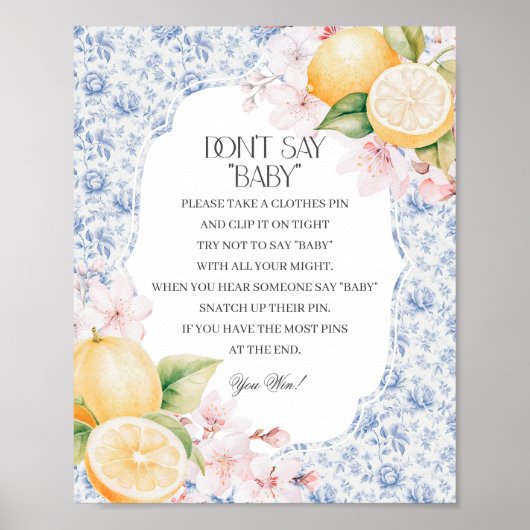 Chinoiserie Lemon Tea Dont Say Baby shower Game Poster (Voorkant)