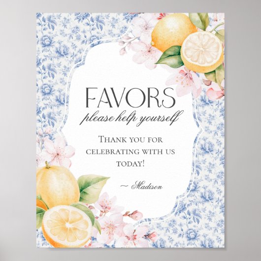 Chinoiserie Lemon Tea Floral Toile Favors Sign Poster (Voorkant)