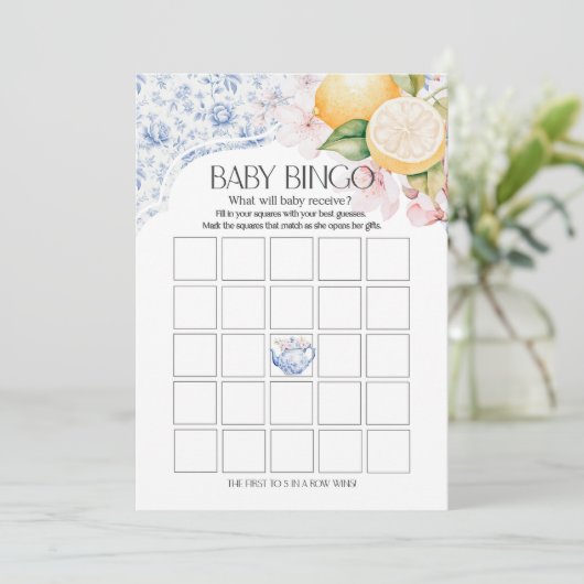 Chinoiserie Lemon Tea Party Baby Bingo Douche Spel Kaart (Staand voorkant)