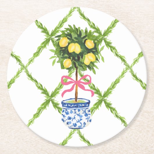 Chinoiserie Lemon Topiary Groene en Witte Bloemen Ronde Kartonnen Onderzetter (Voorkant)