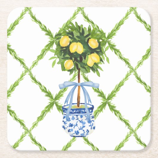 Chinoiserie Lemon Topiary with Blue Bow Kartonnen Onderzetters (Voorkant)