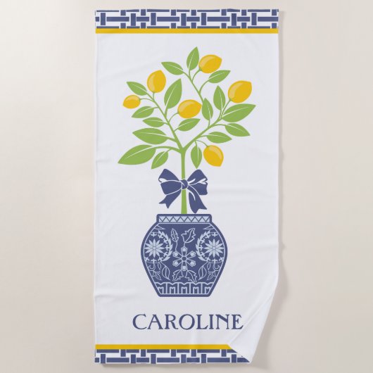 Chinoiserie Lemon Tree Personalized Beach Towel Strandlaken (Voorkant)