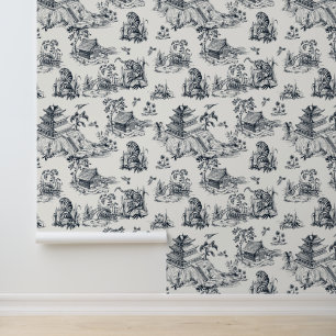  Chinoiserie Leopard Pagoda Cream & Zwart Behang
