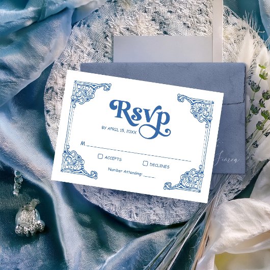  Chinoiserie Lijst Dusty Blue Wedding RSVP Kaartje